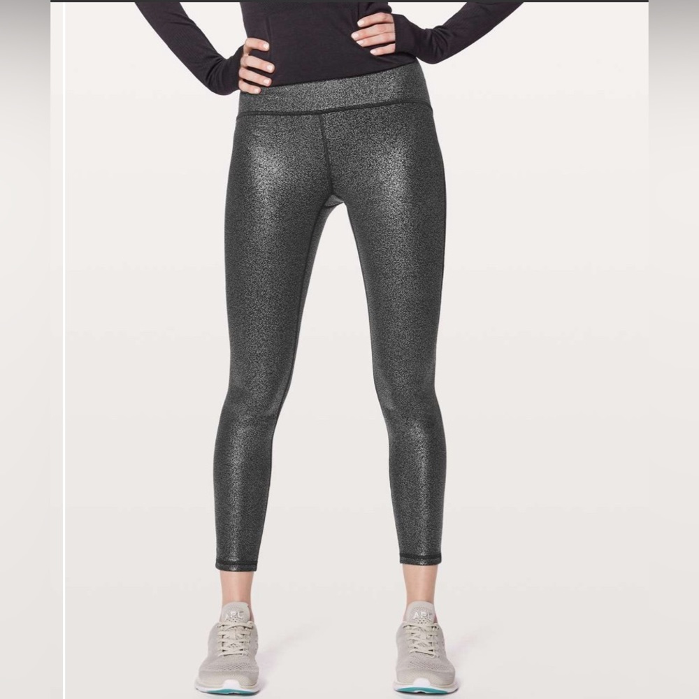 Lululemon Train Times -7/8 Luminosities Foil Print Black Silver/Black - …